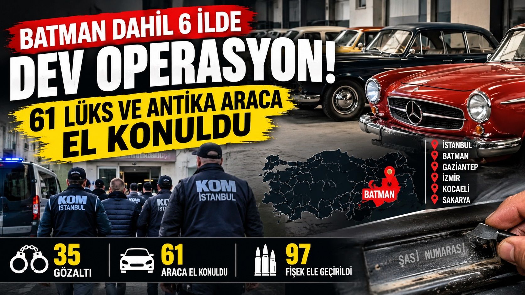 Batman dahil 6 ilde dev operasyon! 61 lüks ve antika araca el konuldu