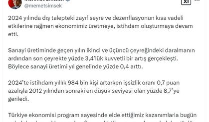 Bakan Şimşek: İşsizlik oranı, 2012'den sonraki en düşük seviyesine geriledi