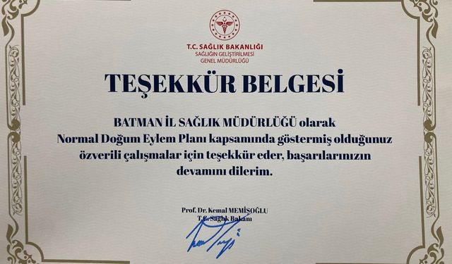 Sağlık Bakanlığından Batman'a Teşekkür Belgesi