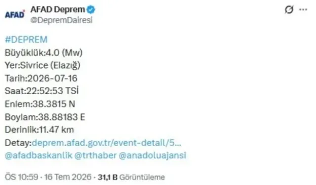 Malatya’da deprem hissedildi mi? Elazığ'da deprem mi oldu, 16 Temmuz Perşembe Elazığ deprem şiddeti kaç?