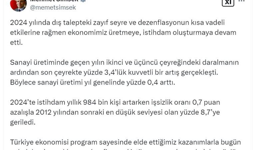 Bakan Şimşek: İşsizlik oranı, 2012'den sonraki en düşük seviyesine geriledi